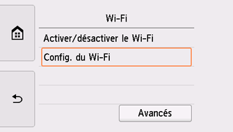 Écran Wi-Fi : sélectionnez Config. du Wi-Fi
